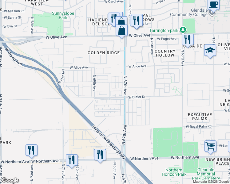 map of restaurants, bars, coffee shops, grocery stores, and more near 6753 West Orchid Lane in Peoria