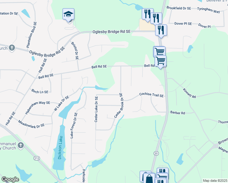map of restaurants, bars, coffee shops, grocery stores, and more near 816 Cedar Lake Drive Southeast in Conyers