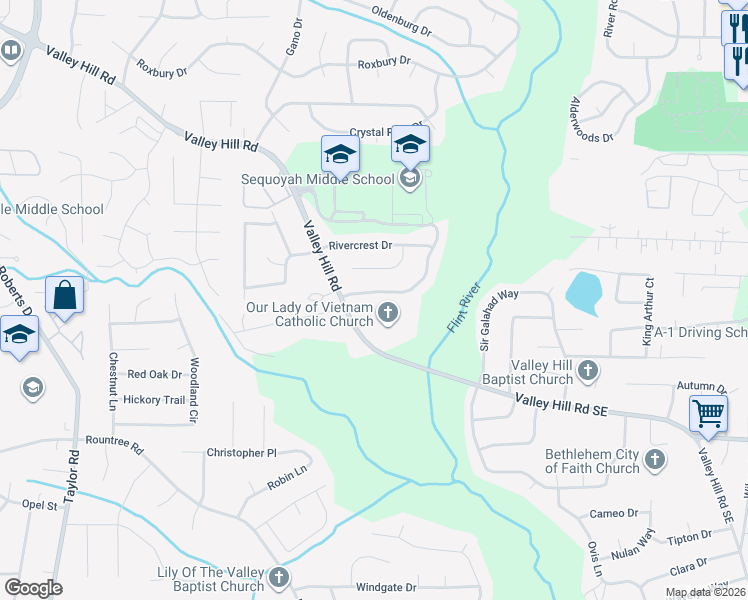 map of restaurants, bars, coffee shops, grocery stores, and more near 7131 Riverhill Drive in Riverdale