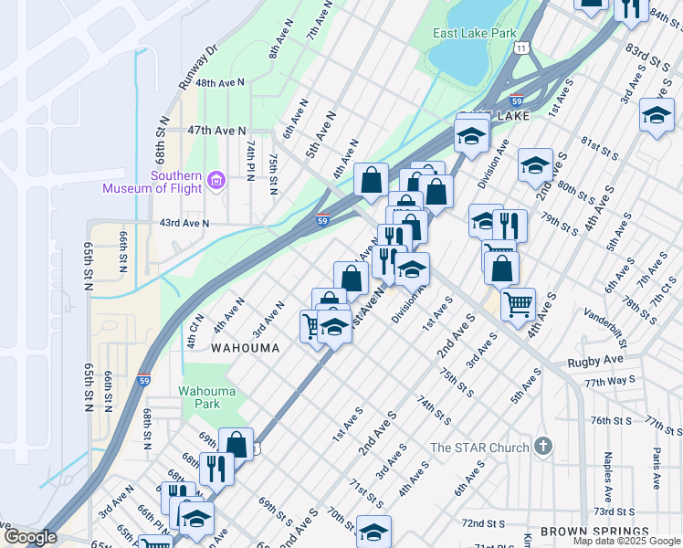 map of restaurants, bars, coffee shops, grocery stores, and more near 7508 2nd Avenue North in Birmingham