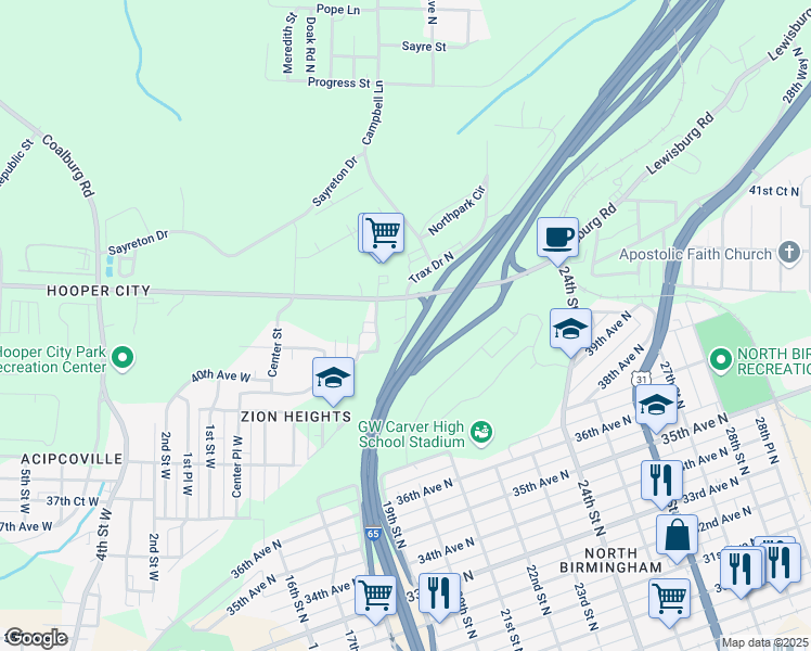 map of restaurants, bars, coffee shops, grocery stores, and more near 1908 40th Terrace North in Birmingham