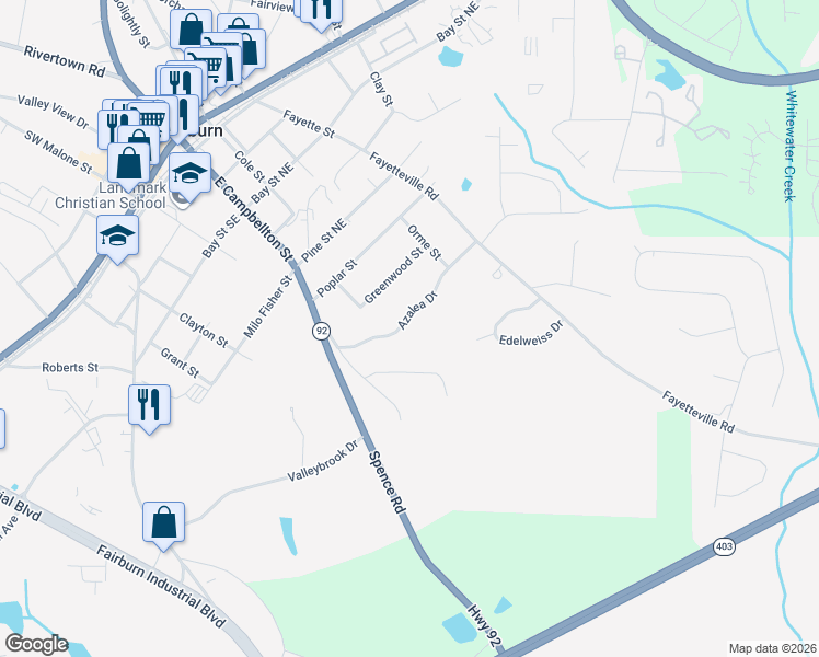 map of restaurants, bars, coffee shops, grocery stores, and more near 70 Azalea Drive in Fairburn