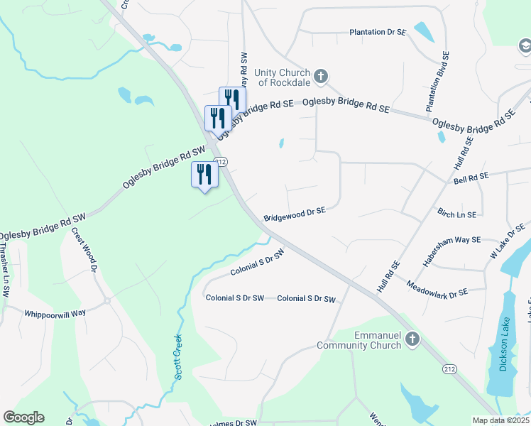 map of restaurants, bars, coffee shops, grocery stores, and more near 144 Bridgewood Drive Southeast in Conyers