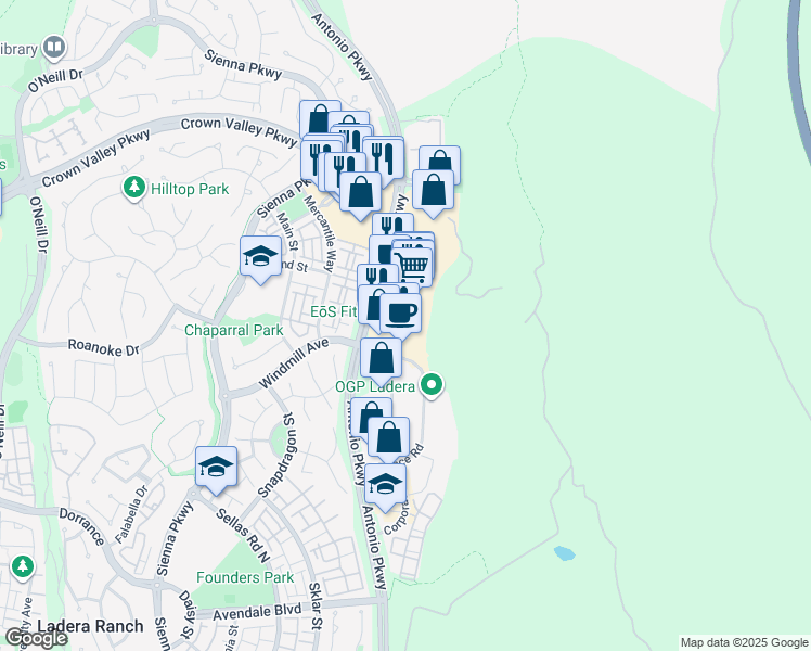 map of restaurants, bars, coffee shops, grocery stores, and more near 27702 Antonio Parkway in Ladera Ranch