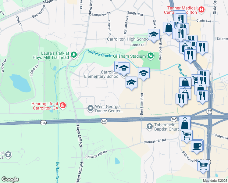 map of restaurants, bars, coffee shops, grocery stores, and more near 151 Hm Fulbright Drive in Carrollton