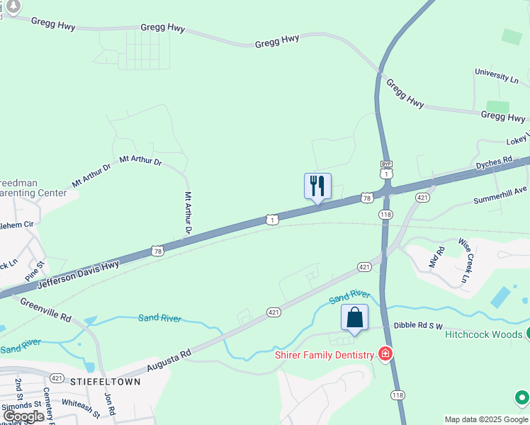 map of restaurants, bars, coffee shops, grocery stores, and more near 340 Jefferson Davis Highway in Graniteville