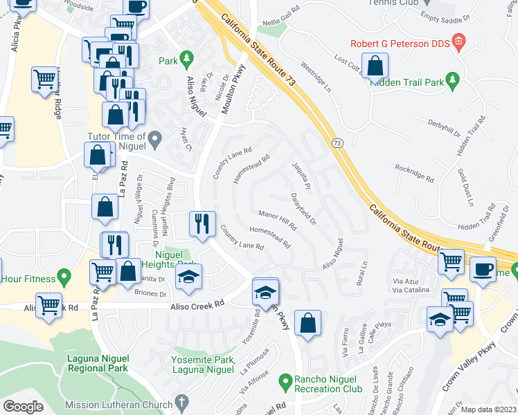 map of restaurants, bars, coffee shops, grocery stores, and more near 27684 Manor Hill Road in Laguna Niguel