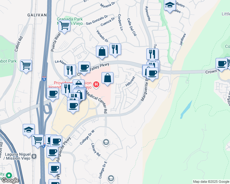 map of restaurants, bars, coffee shops, grocery stores, and more near 27705 Aquamarine in Mission Viejo