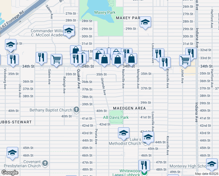 map of restaurants, bars, coffee shops, grocery stores, and more near 4020 37th Street in Lubbock