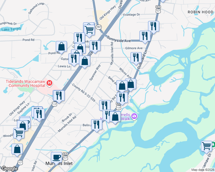 map of restaurants, bars, coffee shops, grocery stores, and more near 551 Bend Avenue in Murrells Inlet