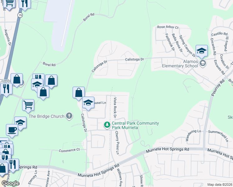 map of restaurants, bars, coffee shops, grocery stores, and more near 30778 McGowans Pass in Murrieta