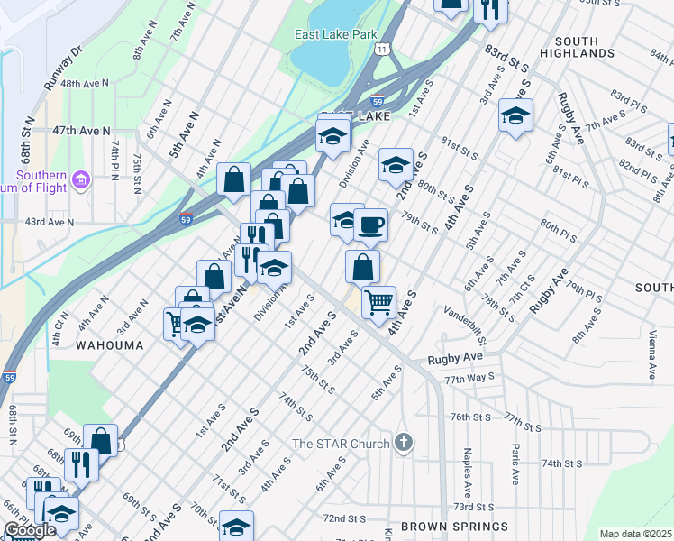 map of restaurants, bars, coffee shops, grocery stores, and more near 7721 1st Avenue South in Birmingham