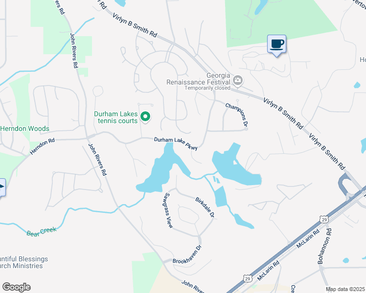 map of restaurants, bars, coffee shops, grocery stores, and more near 150 Durham Lake Parkway in Fairburn