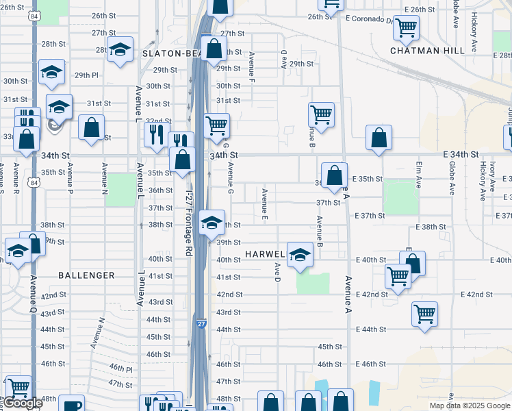 map of restaurants, bars, coffee shops, grocery stores, and more near 3612 Avenue East in Lubbock