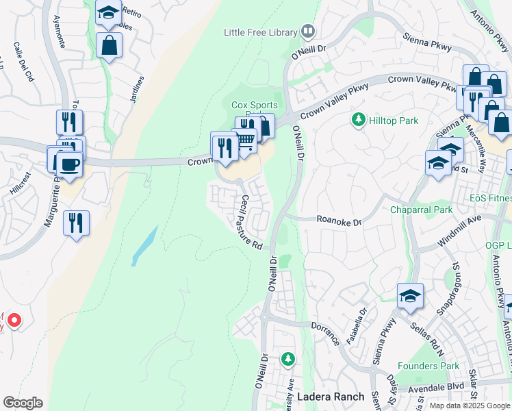 map of restaurants, bars, coffee shops, grocery stores, and more near 10 Westcott Lane in Mission Viejo