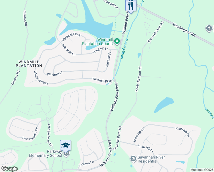 map of restaurants, bars, coffee shops, grocery stores, and more near 904 Windmill Parkway in Evans