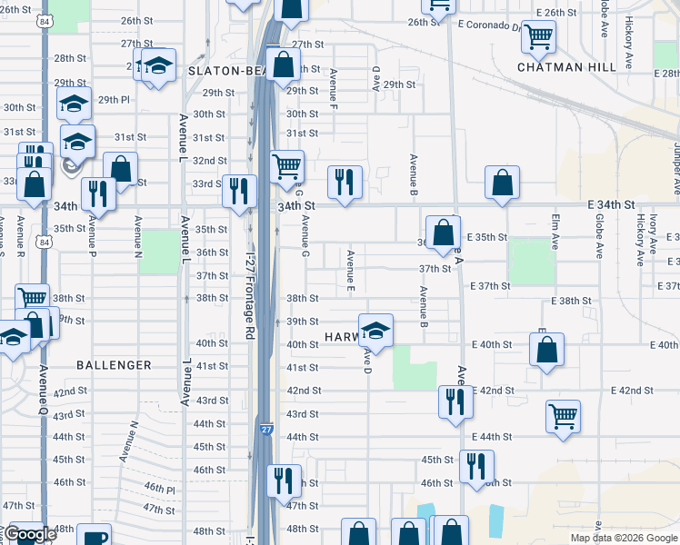 map of restaurants, bars, coffee shops, grocery stores, and more near 3612 Avenue East in Lubbock