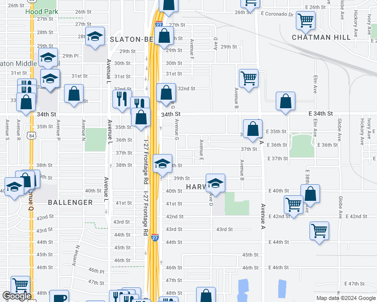 map of restaurants, bars, coffee shops, grocery stores, and more near 702 37th Street in Lubbock