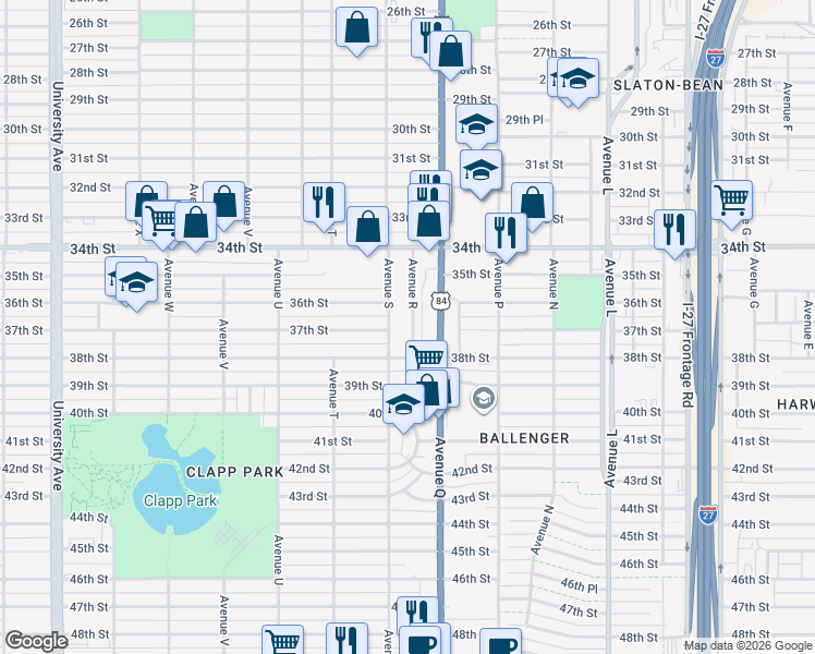 map of restaurants, bars, coffee shops, grocery stores, and more near 3521 Avenue R in Lubbock