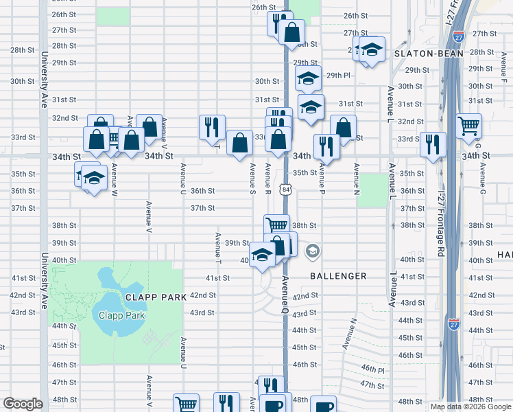map of restaurants, bars, coffee shops, grocery stores, and more near 1902 37th Street in Lubbock