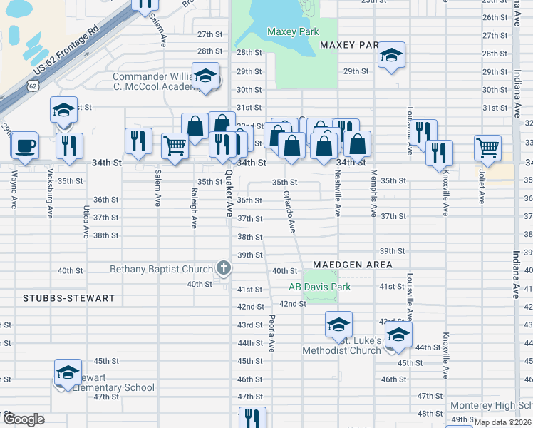 map of restaurants, bars, coffee shops, grocery stores, and more near 4207 36th Street in Lubbock