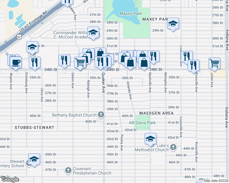 map of restaurants, bars, coffee shops, grocery stores, and more near 4221 36th Street in Lubbock