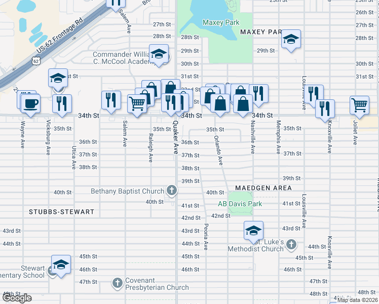 map of restaurants, bars, coffee shops, grocery stores, and more near 4221 36th Street in Lubbock