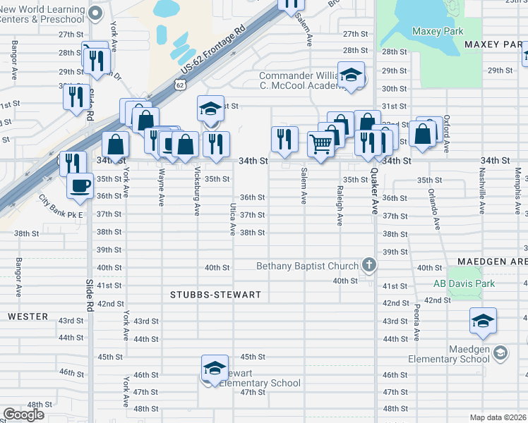 map of restaurants, bars, coffee shops, grocery stores, and more near 4621 36th Street in Lubbock