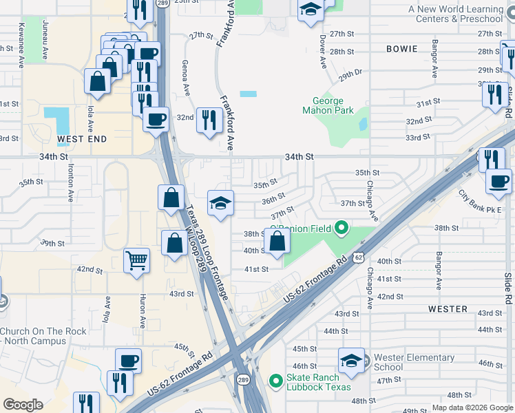 map of restaurants, bars, coffee shops, grocery stores, and more near 5734 36th Street in Lubbock