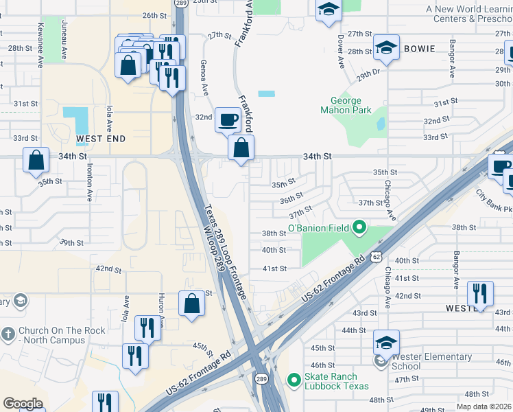 map of restaurants, bars, coffee shops, grocery stores, and more near 3500-3598 Frankford Avenue in Lubbock