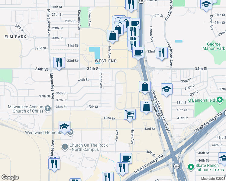 map of restaurants, bars, coffee shops, grocery stores, and more near 6101 36th Street in Lubbock
