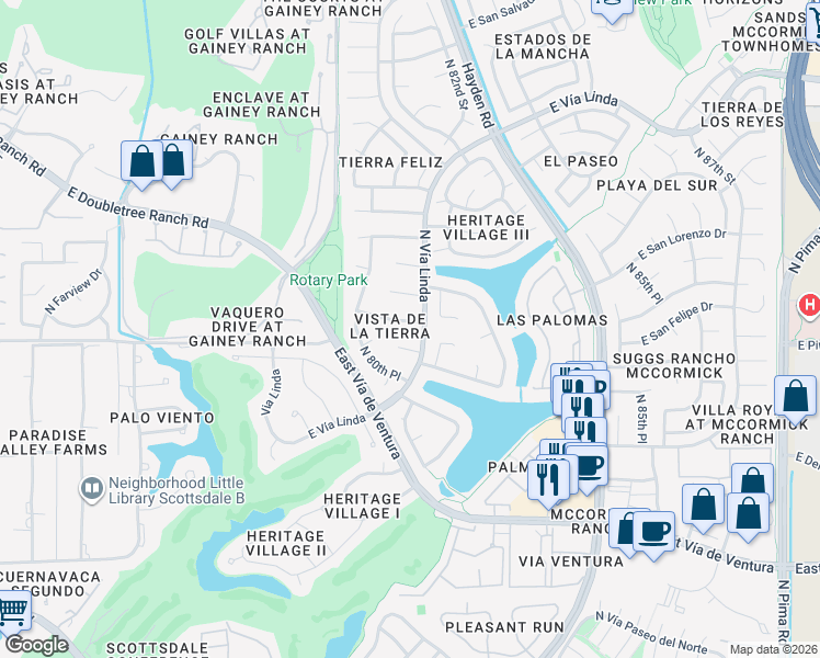 map of restaurants, bars, coffee shops, grocery stores, and more near 8106 East Del Cristal Drive in Scottsdale