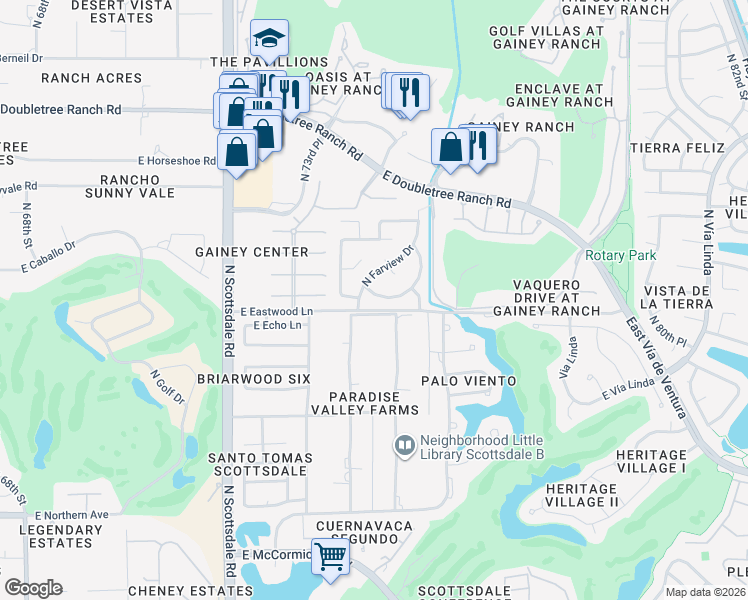 map of restaurants, bars, coffee shops, grocery stores, and more near 7460 East Woodshire Cove in Scottsdale