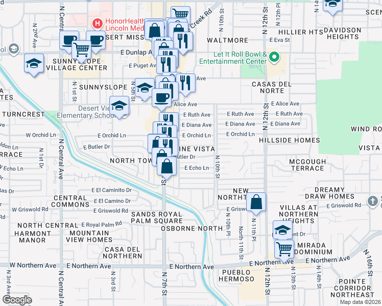 map of restaurants, bars, coffee shops, grocery stores, and more near 805 East Seldon Lane in Phoenix