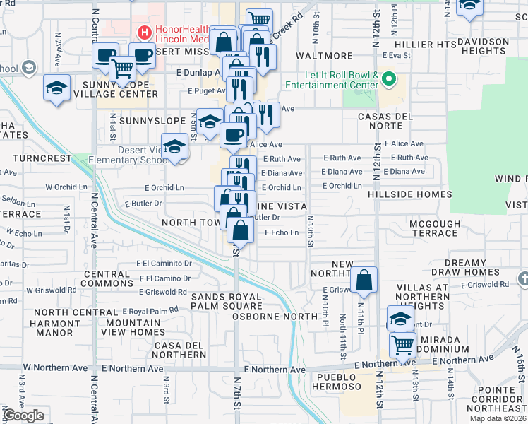 map of restaurants, bars, coffee shops, grocery stores, and more near 805 East Seldon Lane in Phoenix