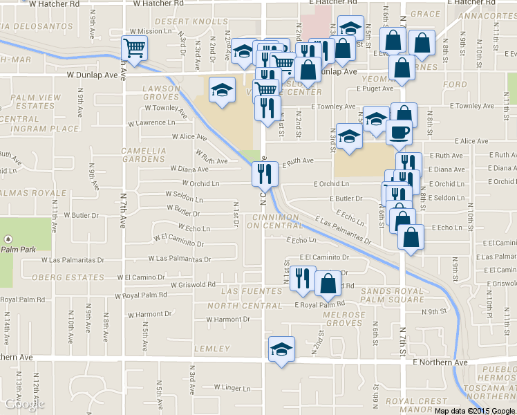 map of restaurants, bars, coffee shops, grocery stores, and more near in Phoenix