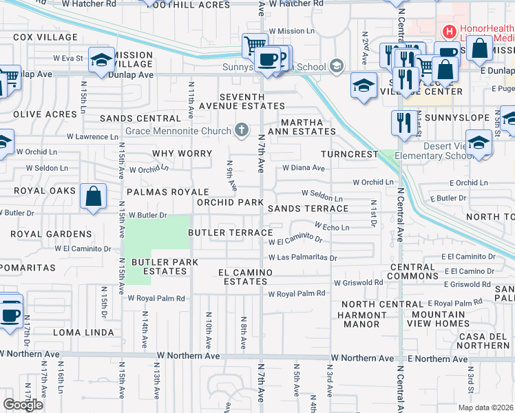 map of restaurants, bars, coffee shops, grocery stores, and more near 702 West Seldon Lane in Phoenix