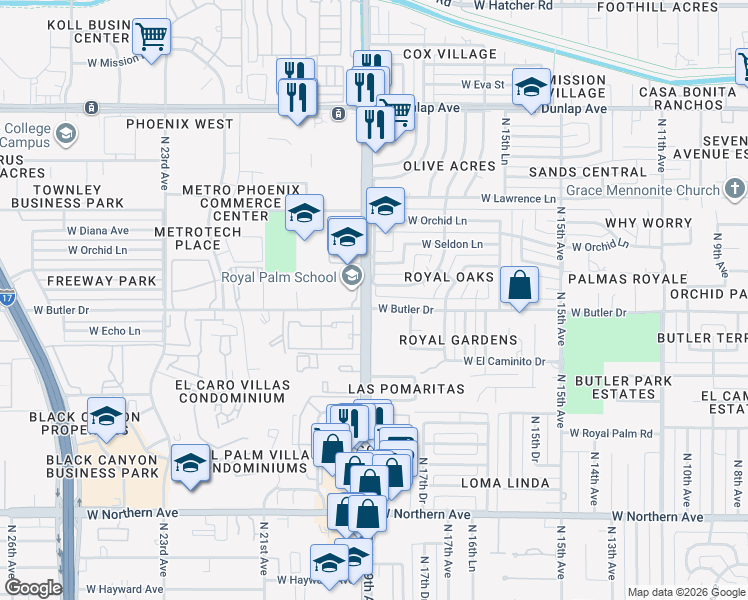 map of restaurants, bars, coffee shops, grocery stores, and more near in Phoenix