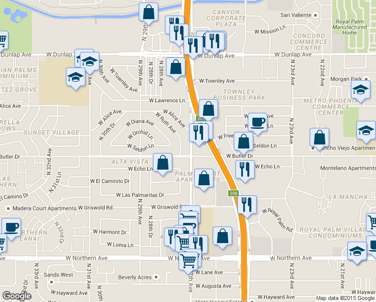 map of restaurants, bars, coffee shops, grocery stores, and more near 8515 North 27th Drive in Phoenix