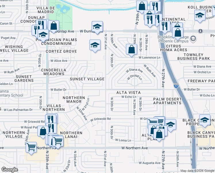 map of restaurants, bars, coffee shops, grocery stores, and more near 8518 North 30th Drive in Phoenix