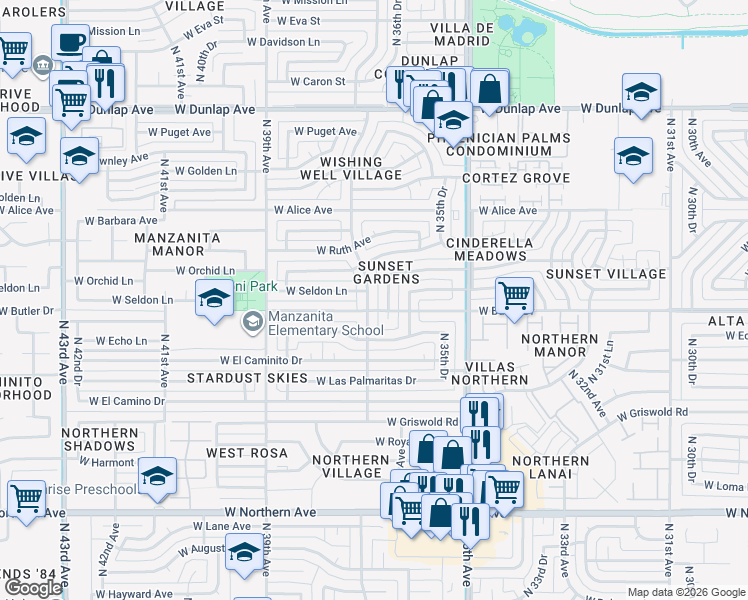map of restaurants, bars, coffee shops, grocery stores, and more near 8513 North 37th Avenue in Phoenix