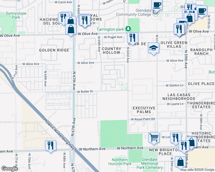 map of restaurants, bars, coffee shops, grocery stores, and more near 6474 West Freeway Lane in Glendale