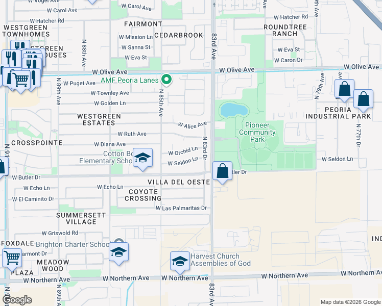 map of restaurants, bars, coffee shops, grocery stores, and more near 8325 West Orchid Lane in Peoria