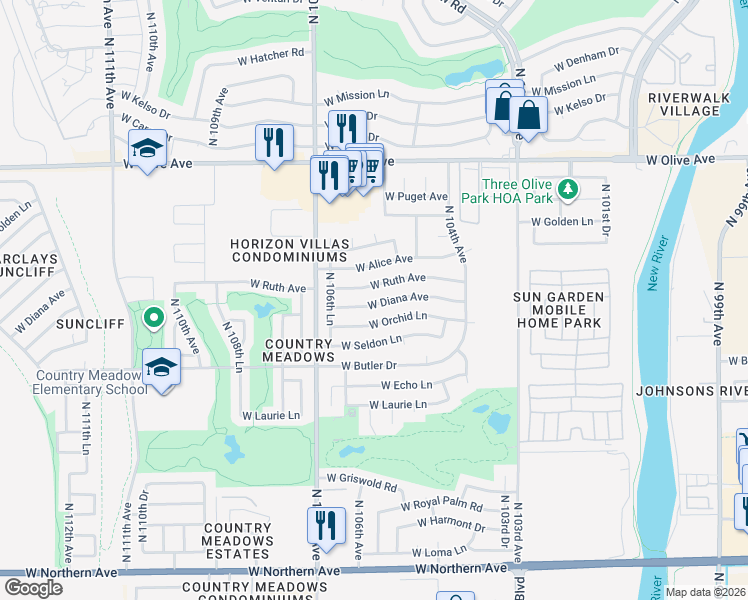map of restaurants, bars, coffee shops, grocery stores, and more near 10539 West Ruth Avenue in Peoria