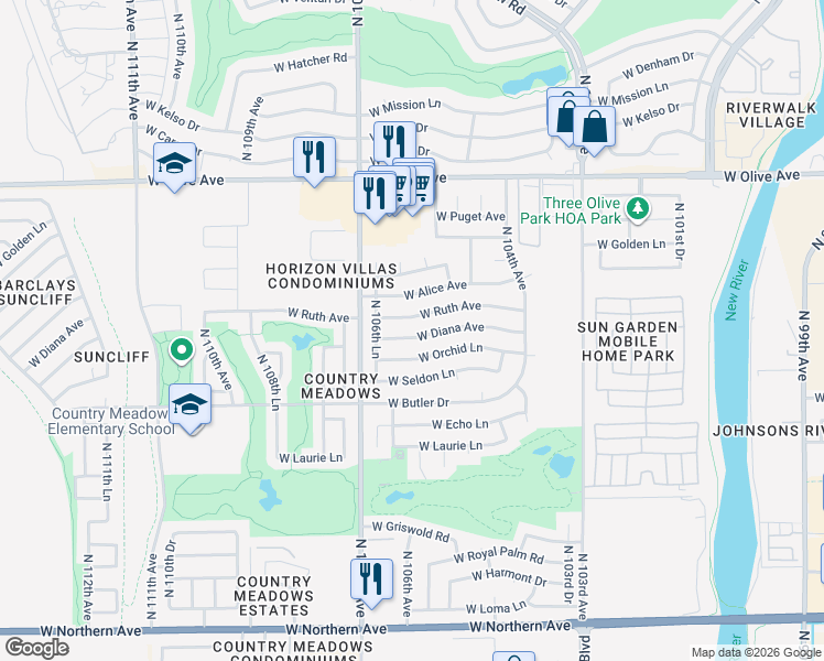 map of restaurants, bars, coffee shops, grocery stores, and more near 10621 West Ruth Avenue in Peoria