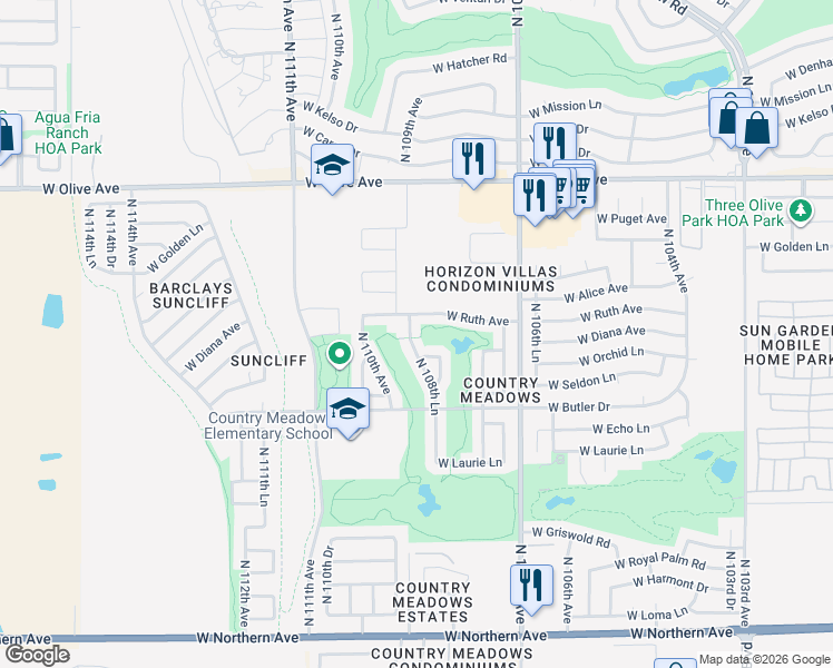 map of restaurants, bars, coffee shops, grocery stores, and more near 8686 North 108th Lane in Peoria