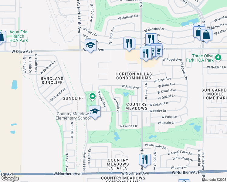 map of restaurants, bars, coffee shops, grocery stores, and more near 8686 North 108th Lane in Peoria