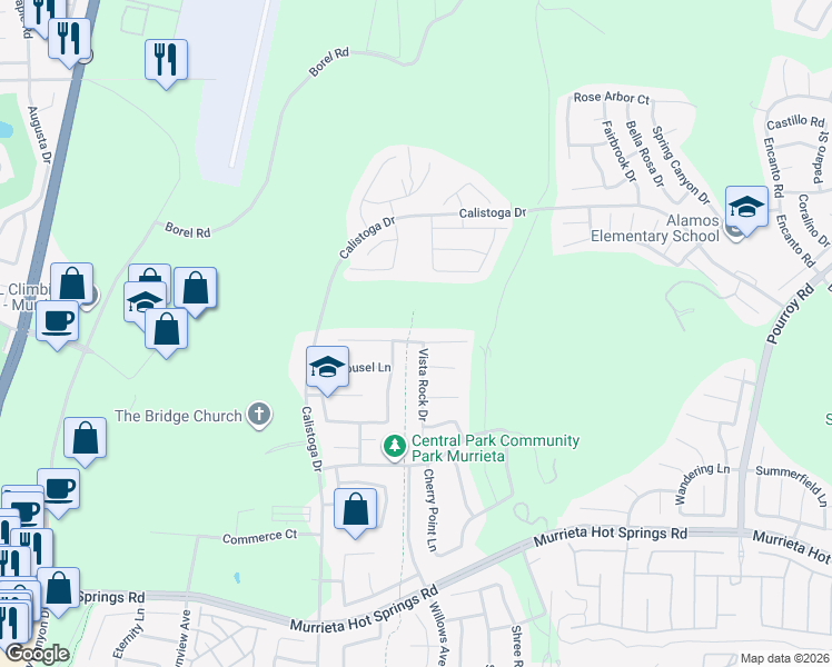 map of restaurants, bars, coffee shops, grocery stores, and more near 30778 McGowans Pass in Murrieta