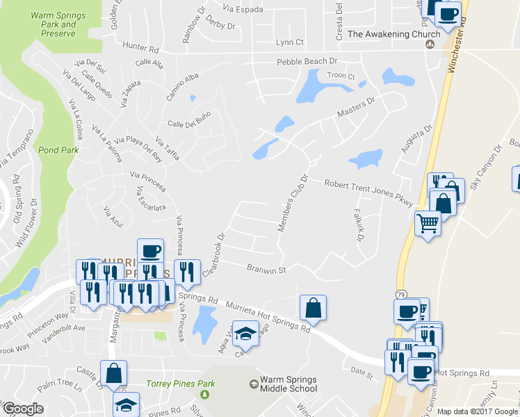 map of restaurants, bars, coffee shops, grocery stores, and more near 38417 Clearbrook Drive in Murrieta
