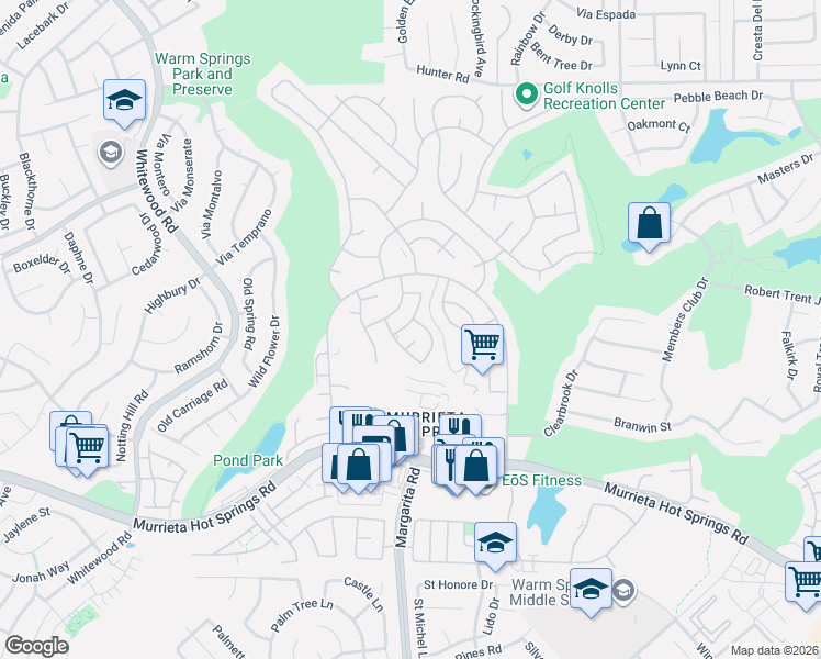 map of restaurants, bars, coffee shops, grocery stores, and more near 28786 Via Roja in Murrieta